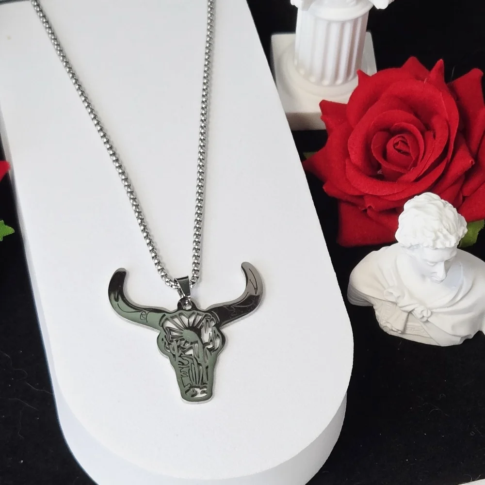 Silver Bull Skull Necklace Laser Cut Steer Head Pendant 24